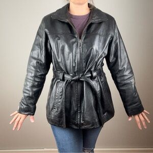 Women's Black Belted Leather Jacket 90s does 70s Med-Large